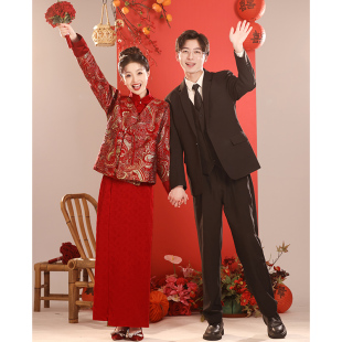 新中式敬酒服套装2024新款新娘酒红色旗袍国风长袖婚服订婚礼服裙