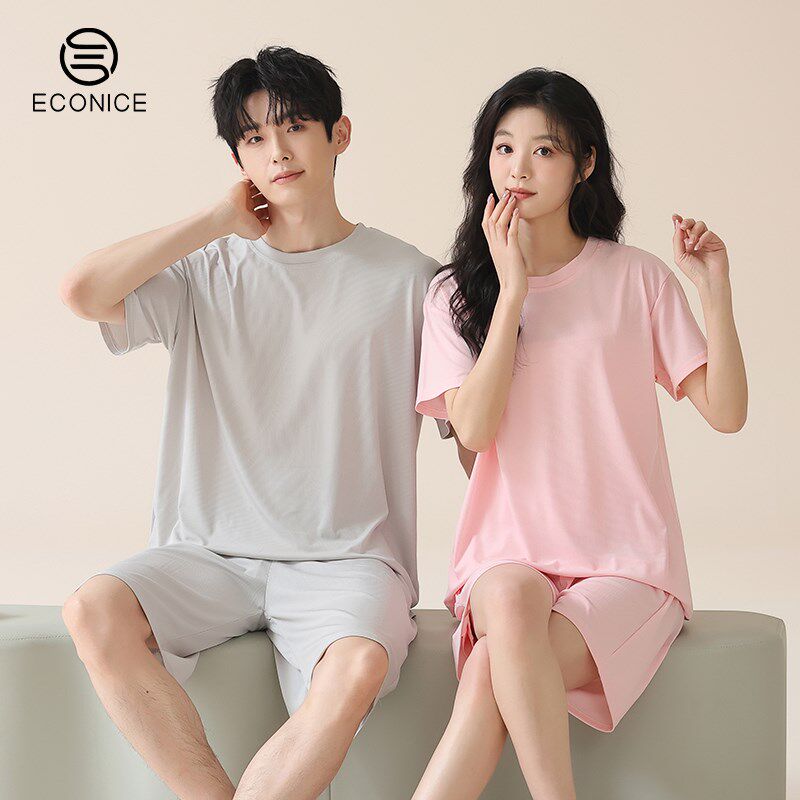 冰丝情侣睡衣2025新款夏季短袖薄款春秋男士女款S带胸垫家居服套