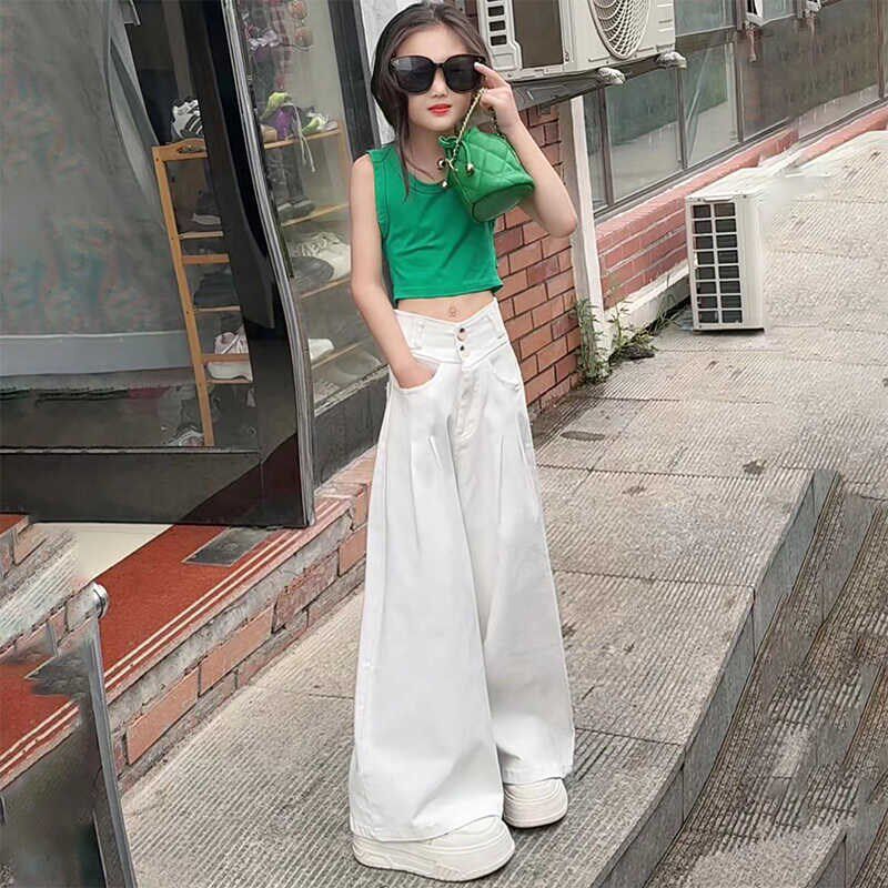 白色牛仔裤女童装春夏口袋直筒裤高腰拖地裤设计感休闲阔腿裤子潮