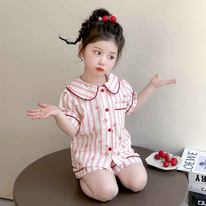 女童睡衣夏季2025新款纱布女宝宝a类纯棉 儿童短袖短裤家居服套装