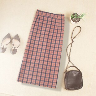 2021春装 小清新百搭开叉高腰包臀裙中长款 很仙 格子半身裙女 新款