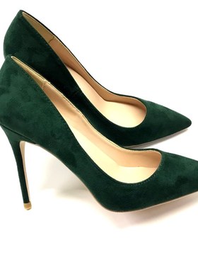 2020新款墨绿色绒面百搭职业高跟鞋女G细跟尖头浅口单鞋10cm橙色