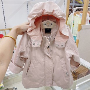 韩国原d童装 22春秋款女童宝宝浅粉色带帽风衣 洋气韩版英伦外套
