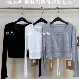 大7女78036春季新款韩版宽松大码胖mm休闲短款假两件长袖T恤上衣