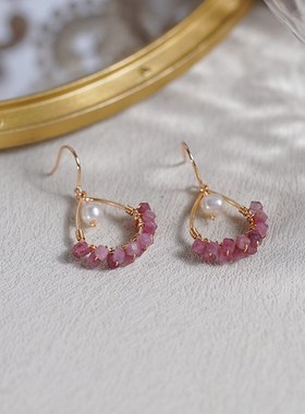 小众设计感甜美少女绕方糖碧玺水滴珍珠耳环法式温柔耳钩女50275