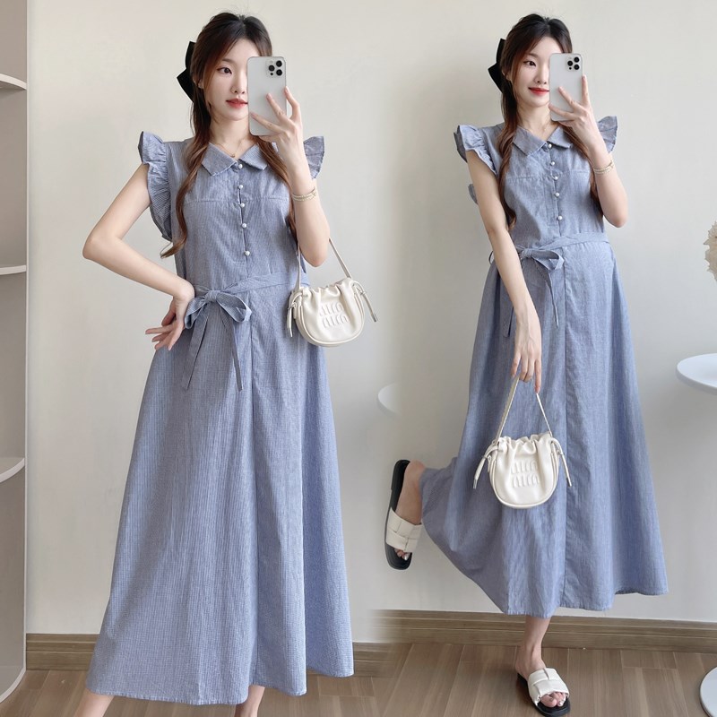 孕妇装夏装小飞袖格子衬衫连衣y裙2025新款孕妇裙夏季怀孕裙子潮