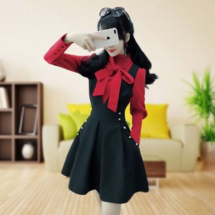 黑色大V领背带裙2023新款春秋女装百搭小清新连衣裙套装女韩版潮