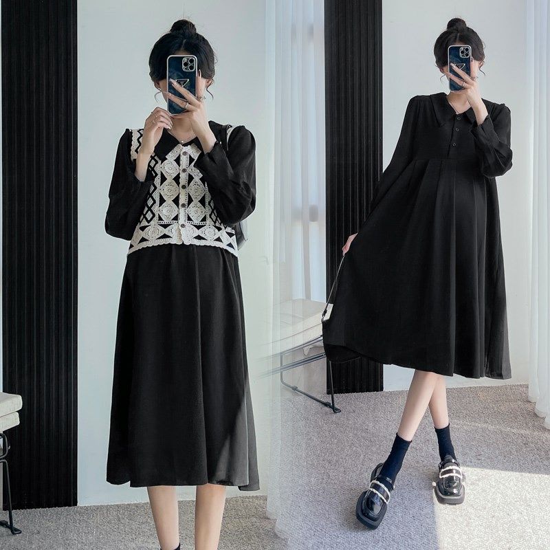 孕妇装春装连衣裙l马甲中长款宽松春秋雪纺长袖春夏两件套哺乳网