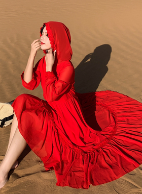 茶卡盐湖旅拍新款红色雪纺连帽长袖大摆连衣裙沙漠度假超仙长裙