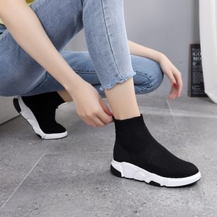 弹力袜子鞋女2024春秋冬新款袜靴黑色靴子飞织高帮鞋休闲运动短靴