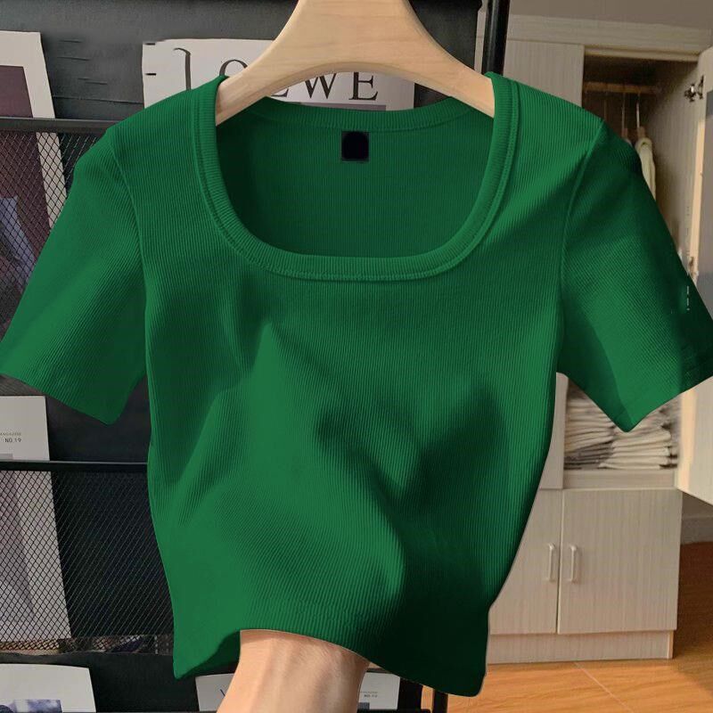纯棉短袖td恤女夏季新款方领紧身短款辣妹体恤衫搭配工装裤的上衣