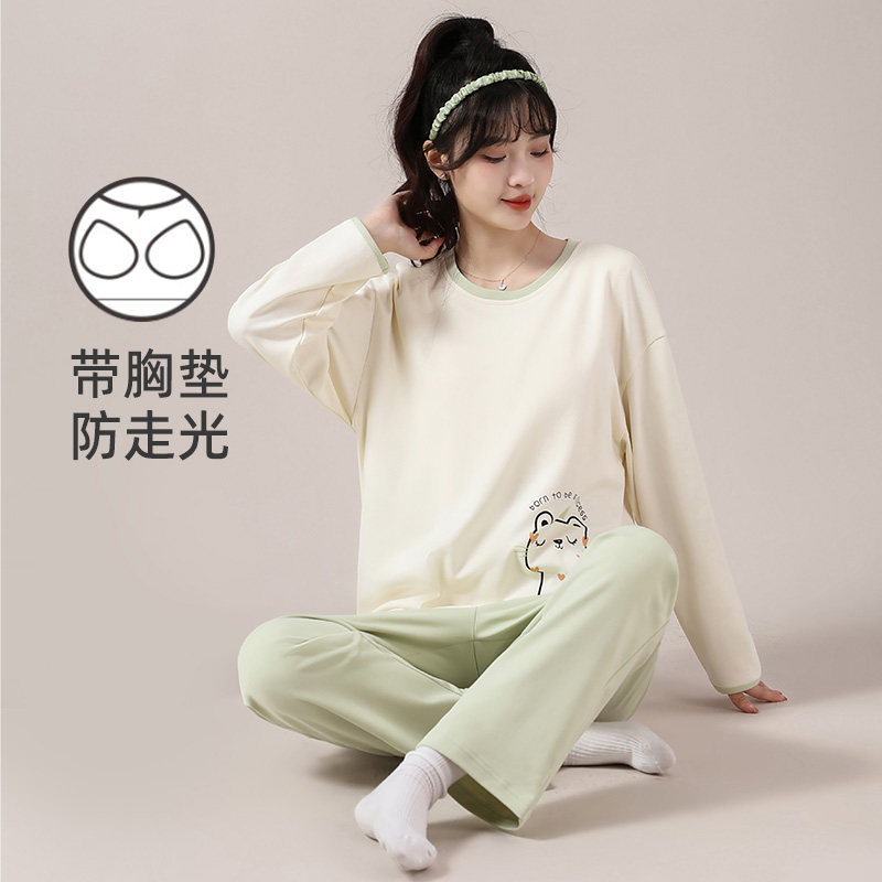 带胸垫一体睡衣女款春秋季纯棉y长袖防凸点可外穿春夏款家居服套