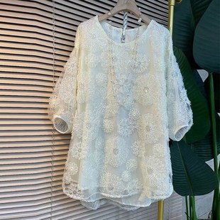 小众设计短袖 女装 花朵蕾丝衫 加大码 减龄百搭上衣潮 韩版 胖妹妹法式