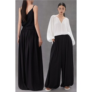 CR裙裤子女装2024春夏秋新款长裤松弛灯笼裤松紧腰阔腿花苞裤黑色