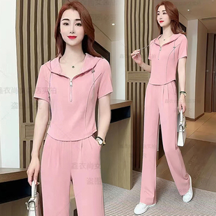 短袖运动套装女小个子夏季2025新款修身显瘦阔腿裤时尚休闲两件套
