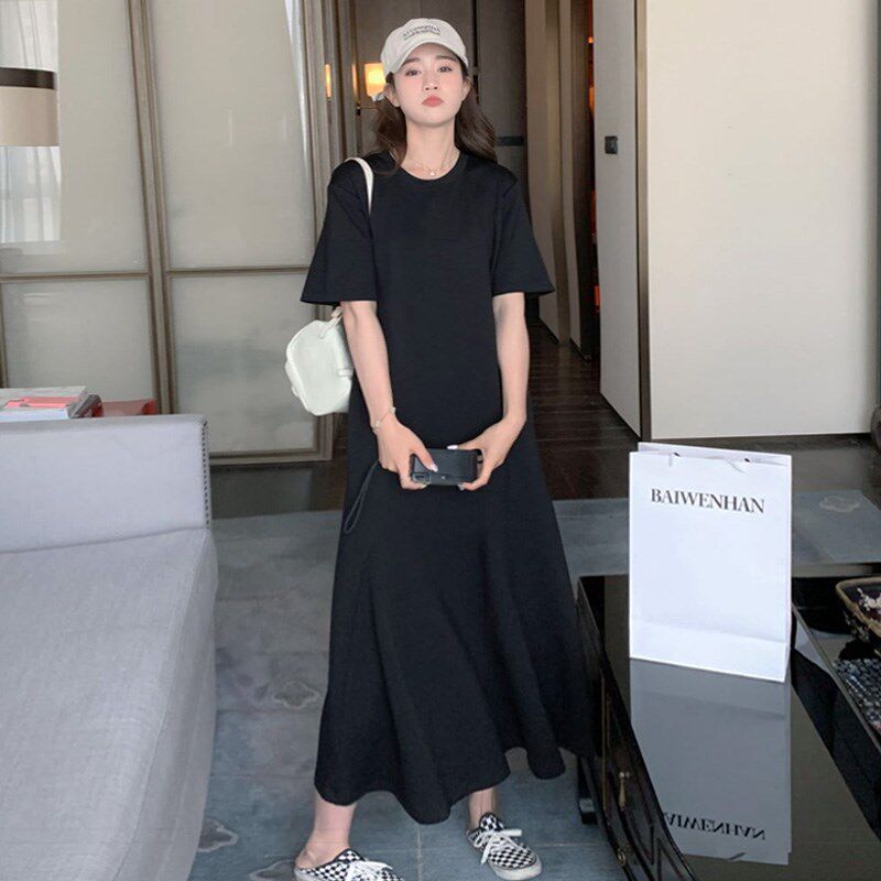 复古慵懒风宽松T恤裙女2025韩版过膝夏季新款休闲大码鱼尾连衣裙