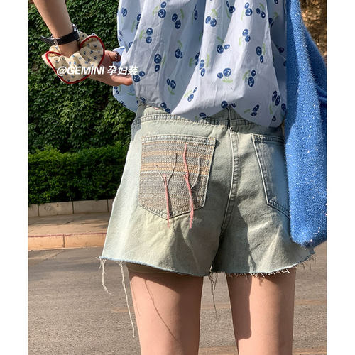 孕妇牛仔短裤女外穿夏季2023新款口袋刺绣流苏破洞设计感裤子夏天