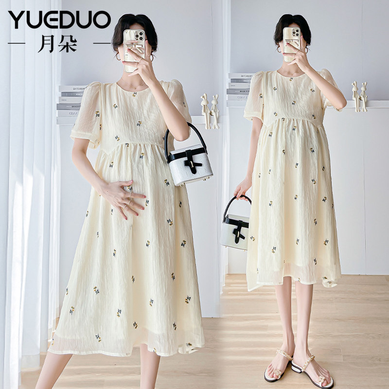 孕妇装夏天裙子中长款时尚洋气刺绣洋气雪纺甜美圆领夏季连衣裙女