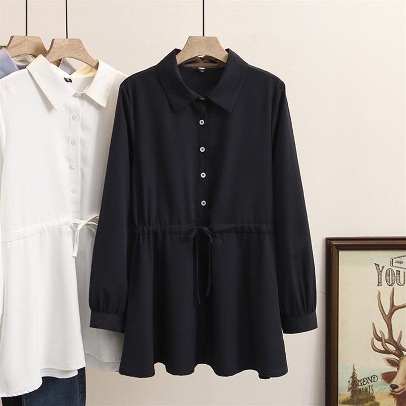 加大码孕妇白色衬衫春装中长款雪纺上衣春秋宽松T长袖收腰衬衣显