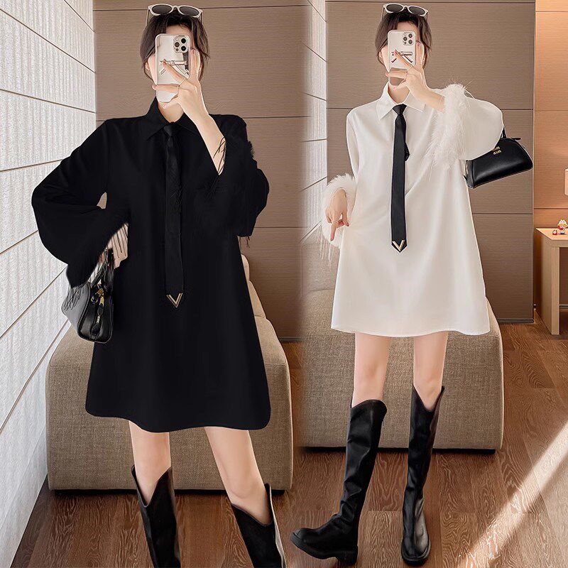 孕妇装春装套装202o4新款春季长袖大码显瘦衬衫领连衣裙中长款上