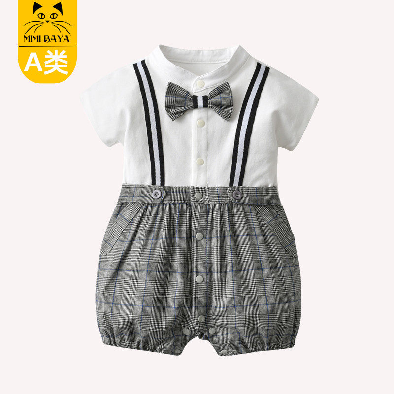 男宝宝周岁礼服帅气绅士夏装百日宴哈衣爬行服婴儿西装夏季连体衣