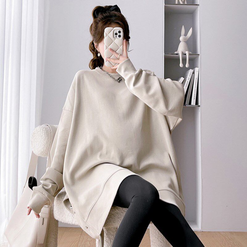 孕妇装春装时尚开叉长袖卫衣春秋宽松大码L休闲上衣春季怀孕打底