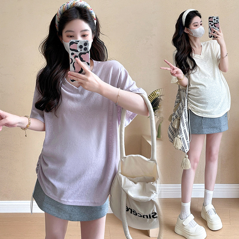 孕妇上衣女夏季新款减龄孕妇装小个子V领短袖T恤宽松休Z闲夏季体