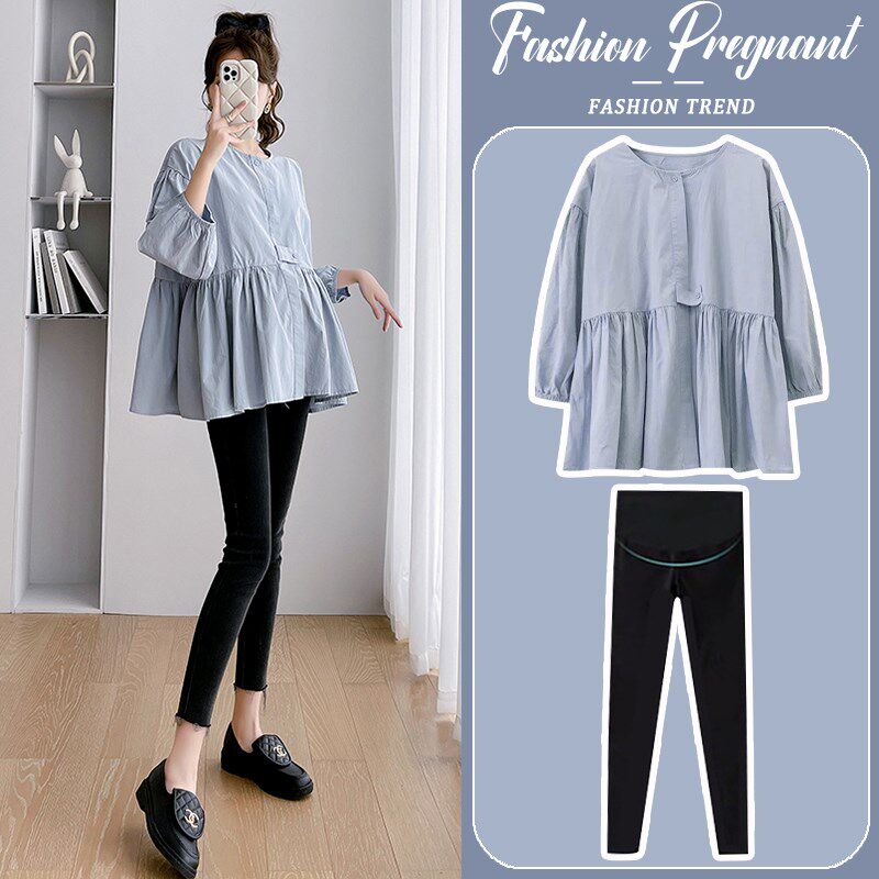 孕妇连衣裙套装2025新款春秋时尚洋气时髦宽松蓝色上Y衣裤子两件