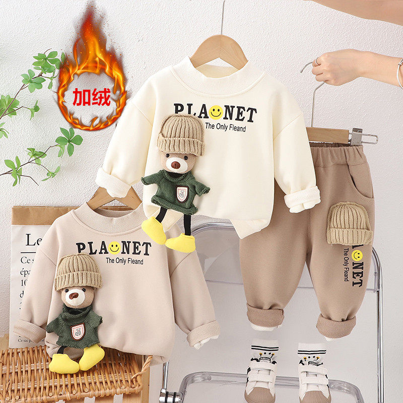 男童秋冬装套装2023新款女童洋气韩版婴儿宝宝加绒卫衣一体绒裤子