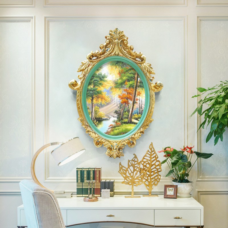 入户玄关装饰画独特圆形画w框欧式动物风景油画走廊过道挂画壁画图片