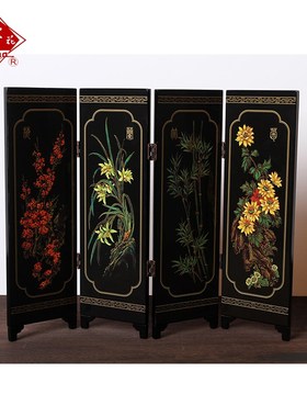 扬州漆器厂 彩绘仿古四扇小屏风 结G婚生日 商务办公 礼品摆件