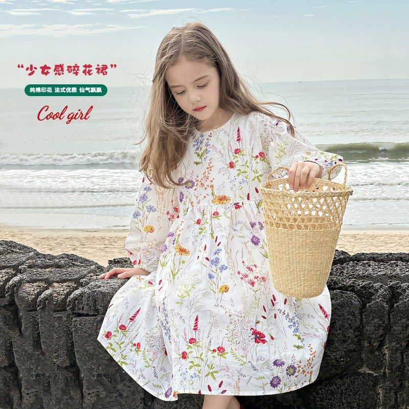 女童连衣裙2025春夏季新款儿童洋气长袖公主裙纯棉印花沙滩度假裙