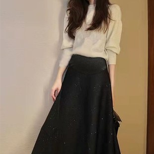 孕妇黑色半身裙2022秋冬新款 y高腰显瘦a字伞裙外穿洋气大摆中长裙