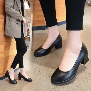 粗跟单鞋a女2021新款圆头舒适职业上班黑色皮鞋中跟酒店前台工作