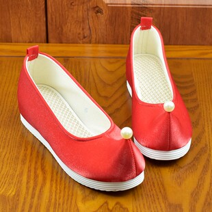 锦袍仙汉服鞋子女红色p内增高舞蹈鞋平底翘头鞋弓鞋纯色淡雅绣花