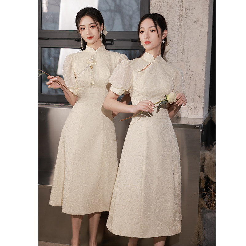 中式旗袍伴娘服2023新款香槟色姐妹团晚礼服裙女小个子高级感夏季