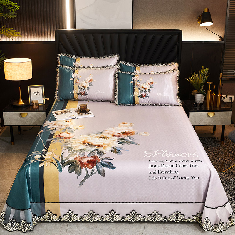 夏天床单款冰丝凉席三件套蕾丝花边可折叠水洗夏季空调软席子家用