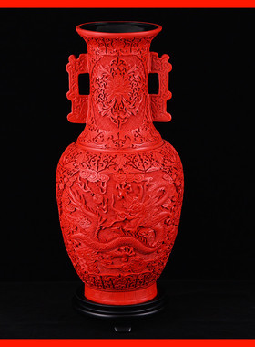 元旦扬州漆器龙瓶摆件装饰品家居剔E红雕漆脱胎工艺品仿古特色礼