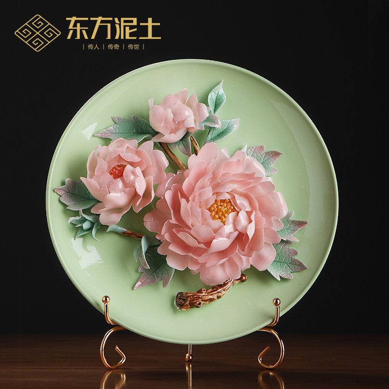 中式陶瓷a牡丹花挂盘 非遗手工陶瓷节庆送礼装饰品