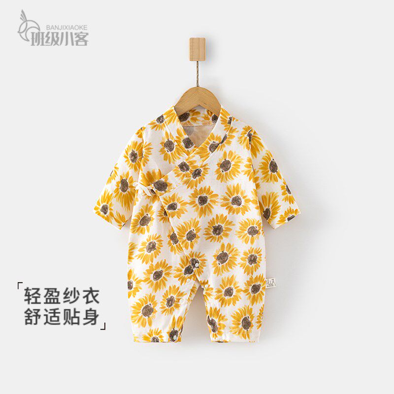 女宝宝婴儿纱f布连体衣初夏男长袖夏季纯棉哈衣儿童空调服婴儿爬