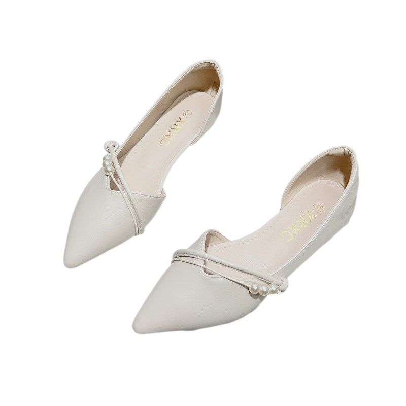 法式侧空单鞋女春夏季尖头平底鞋20E24新款珍珠温柔仙女软皮豆豆,女鞋,浅口单鞋,淘宝优惠券,粉丝福利购,淘宝优惠卷