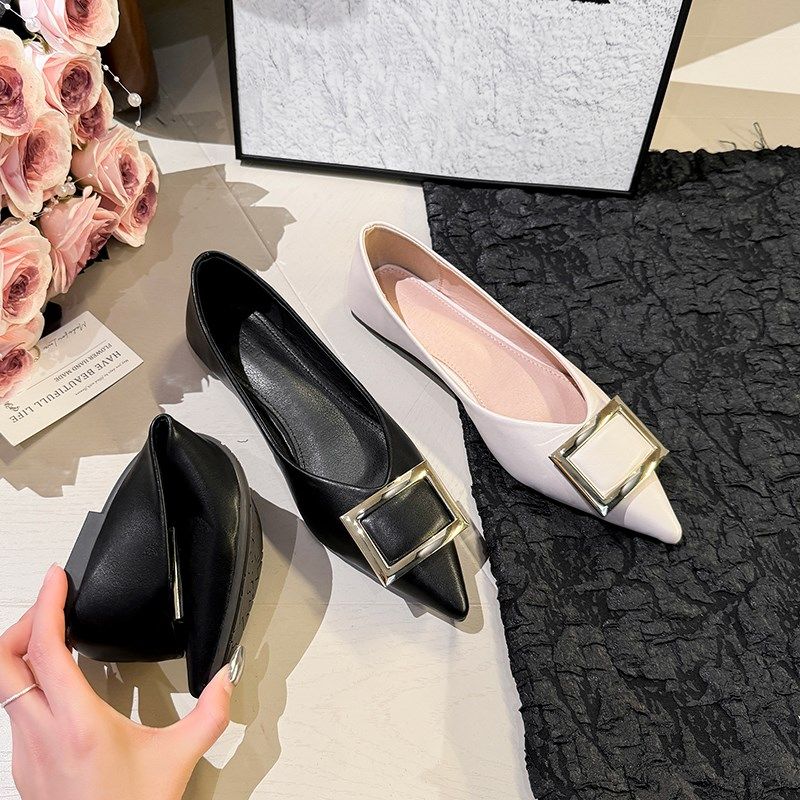 法式单鞋女平底浅口软底春季女士方扣黑色尖头鞋R子温柔晚晚风瓢,女鞋,浅口单鞋,淘宝优惠券,粉丝福利购,淘宝优惠卷