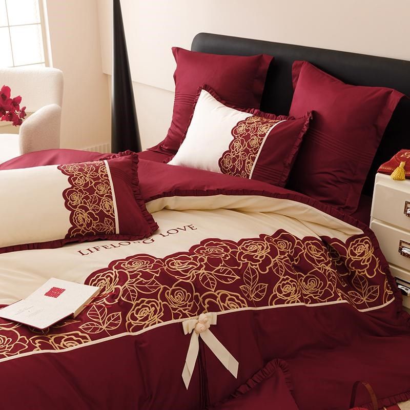 浪漫婚庆100支澳棉全棉四件套红色结婚L刺绣被套床单床上用品4,床上用品,婚庆床品套件,淘宝优惠券,粉丝福利购,淘宝优惠卷