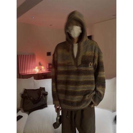秋冬季美式复古条纹撞色连帽毛衣男美拉德L氛围感慵懒风针织衫外