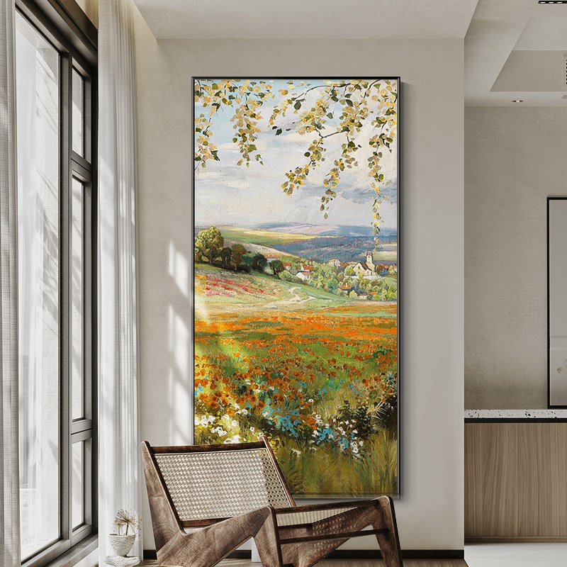 手绘油画美式入户玄关装饰画轻奢走廊过道挂画田园U风景别墅客厅图片