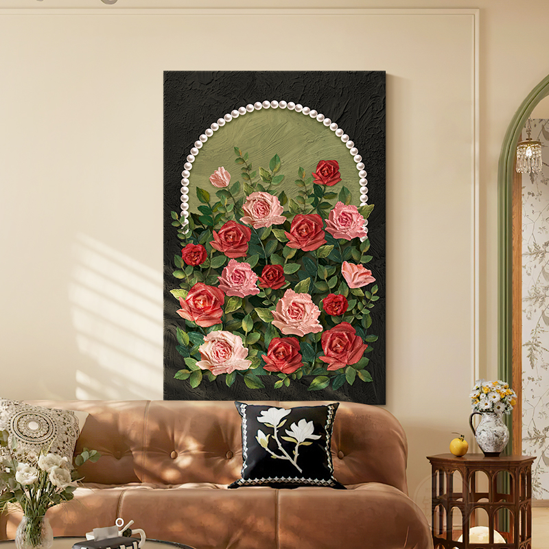 法式复古玫瑰花沙发背景r墙装饰画奶油风客厅挂画现代艺术玄关壁图片