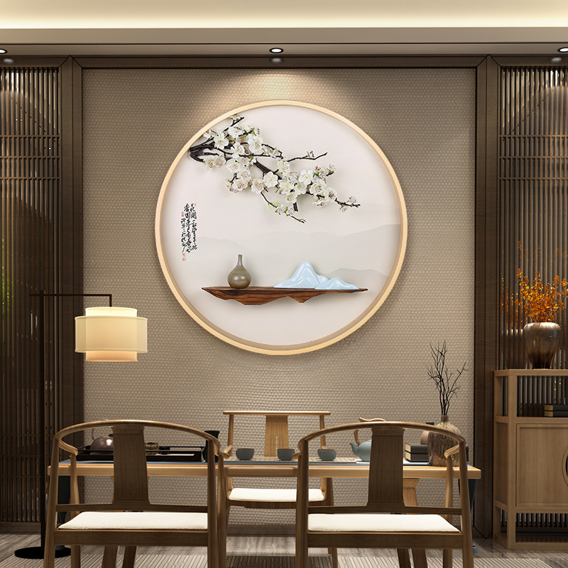 新中式玄关装饰画走廊p过道餐厅3d立体圆形挂画茶室花开富贵中国图片