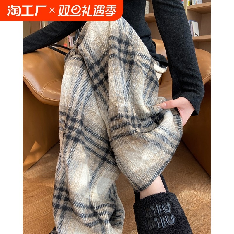 加绒加厚毛呢格子裤女秋冬新款复古抽绳阔腿宽松慵懒.休闲直筒裤