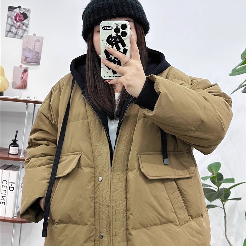 2-300斤假两i件拼接连帽棉服女冬季大码胖mm设计感中长款棉衣外套
