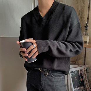 打底衫 秋冬季 港风休闲长袖 韩版 毛线衣潮 v领毛衣n男纯色宽松针织衫